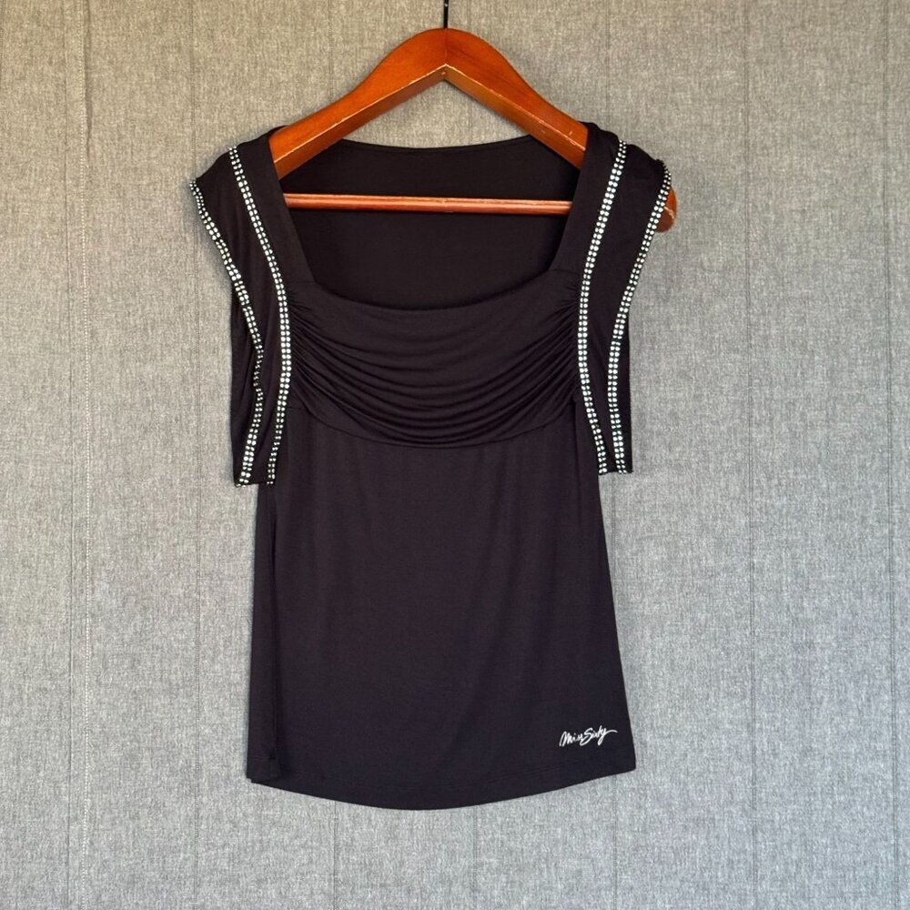 Vintage Y2K Miss Sixty Black Square Neckline Rhinestone Edged Long Fitted Top
